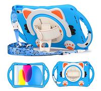 Unichthy Kids Case for iPad (A16) 11th Generation 11 Inch 2025/ iPad 10th Generation 10.9 Inch 2022 Cute Cats Cover with Crossbody Strap/Hand Strap/Pen Holder Stand Cover for Boys Girls, Light Blue