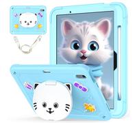 Unichthy Kids Case for iPad Air 11 inch (M3 2025 /M2 2024) 3D Built-in Cute White Cat Stand Design Shockproof Kitten Kids-friendly Cover with Shoulder Strap for 2024/2025 11-inch iPad Baby Blue
