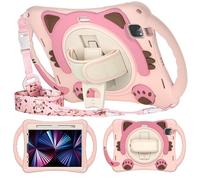 Unichthy Kids Case for iPad Air 11 Inch M3 (2025) / M2 (2024),iPad Air 5th /4th Generation (2022/2020) Cute Cats Cover with Crossbody & Hand Strap/Pencil Holder/Stand Cover for Boys Girls, Pink