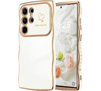 Unichthy Love Heart Basic Case for Samsung Galaxy S26 Ultra Cover Glossy Finish Cute Wave Frame Curly Shape Gold Plated for Girls Women Glitter Shockproof Soft TPU Cover for Galaxy S26 Ultra White