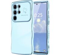 Unichthy Love Heart Basic Case for Samsung Galaxy S26 Ultra Cover Glossy Finish Cute Wave Frame Curly Shape Gold Plated for Girls Women Glitter Shockproof Soft TPU Cover for Galaxy S26 Ultra Blue