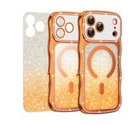 Unichthy Magnetic Case for iPhone 17 Pro Max Cover Sparkling Gems Border Curly Wave Frame with Removable All Glitter Insert Girly Shockproof Phone Skin Cosmic Orange