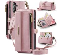 Unichthy Zip Purse for Samsung Galaxy A17 Case with Crossbody Strap + Wrist Strap Shockproof Leather Flip Wallet Zipper Handbag 9 Card Slots Large Space RFID Blocking Bag for Galaxy A17 Pink