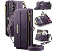 Unichthy Zip Purse for Samsung Galaxy A17 Case with Crossbody Strap + Wrist Strap Shockproof Leather Flip Wallet Zipper Handbag 9 Card Slots Large Space RFID Blocking Bag for Galaxy A17 Purple