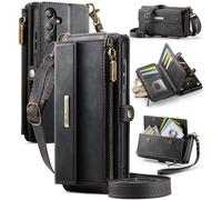 Unichthy Zip Purse for Samsung Galaxy A17 Case with Crossbody Strap + Wrist Strap Shockproof Leather Flip Wallet Zipper Handbag 9 Card Slots Large Space RFID Blocking Bag for Galaxy A17 Black