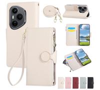 Unichthy Zipper Cover for HONOR 400 Pro Case with Crossbody Strap + Wrist Strap Shockproof Litchi Pattern Soft Leather Flip Magnetic Buckle Wallet Handbag Zip Phone Purse for HONOR 400 Pro Beige