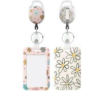 Uniclife 2 Pack Floral Sliding Badge Holder Vertical Flower Plastic Card Case Protector with Retractable Badge Reel Carabiner for Office School ID Credit Proximity Key Women Nurse Teacher Student