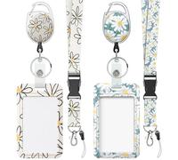 Uniclife 2 Pack Floral Sliding Badge Holder White Blue Flower Plastic Case with Retractable Badge Reel Carabiner Clip and Detachable Lanyard Strap Hard Vertical Card Protector