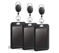 Uniclife 3 Pcs Sliding Badge Holder Hard Black Vertical Plastic Card Case Protector with Retractable Badge Reel Carabiner for Office School ID Credit Proximity Key Card Driver’s License and Pass