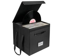 Uniclife 30 cm Vinyl Record Storage Box, Collapsible LP Storage Organizer with Lid & Handles, Splash-Resistant Album Storage Crate for 120 Single Records, Black Vinyl Record Holder, 33 × 33 × 33 cm