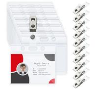 Uniclife 50 Pack ID Badge Holder Horizontal Clear Plastic Case Metal Badge Clips with Clear PVC Straps Double-Hole ID Badge Clips and Straps with Snap for Office School Credit Cards Key Cards