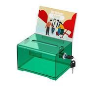 Uniclife Acrylic Donation Box with Lock and Sign Holder Transparent Green Ballot Box with Slot Plastic Suggestion Boxes Tip Jar Cash Storage Container Drop Chest for Fundraising,15.8 × 12.7 × 10.16 cm