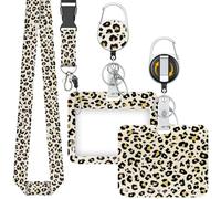 Uniclife Fashionable Sliding Badge Holder Beige Leopard Print Plastic Case with Retractable Badge Reel Carabiner Clip & Detachable Lanyard Strap Horizonal Card Protector for Worker Nurse