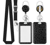 Uniclife Fashionable Sliding Badge Holder Black Leopard Print Plastic Card Holder with Retractable Badge Reel Carabiner & Detachable Lanyard Vertical Card Protector for Office Worker Teacher Student
