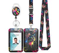 Uniclife Fashionable Sliding Badge Holder Cats Paint Splash Plastic Case with Retractable Badge Reel Carabiner Clip & Detachable Lanyard Strap Vertical Card Protector for Worker Nurse Teacher Student