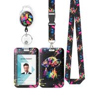 Uniclife Fashionable Sliding Badge Holder Dog Paint Splash Plastic Case with Retractable Badge Reel Carabiner Clip & Detachable Lanyard Strap Vertical Card Protector for Worker Nurse Teacher Student