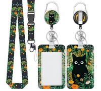 Uniclife Fashionable Sliding Badge Holder Forest Cat Pattern Plastic Card Holder with Retractable Badge Reel Carabiner & Detachable Lanyard Vertical Card Protector for Office Worker Teacher Student