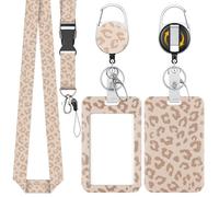 Uniclife Fashionable Sliding Badge Holder Leopard Print Plastic Card Holder with Retractable Badge Reel Carabiner & Detachable Lanyard Vertical Card Protector for Office Worker Teacher Student
