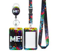 Uniclife Fashionable Sliding Badge Holder Paint Splash Plastic Case with Retractable Badge Reel Carabiner Clip & Detachable Lanyard Strap Vertical Card Protector for Worker Nurse Teacher Student