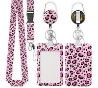 Uniclife Fashionable Sliding Badge Holder Pink Leopard Plastic Case with Retractable Badge Reel Carabiner Clip & Detachable Lanyard Strap Vertical Card Protector for Worker Nurse Teacher Student
