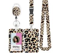 Uniclife Fashionable Sliding ID Badge Holder Leopard Print Plastic Card Holder with Retractable Badge Reel Carabiner Detachable Lanyard Vertical Card Protector for Office Staff Teacher Student, Yellow
