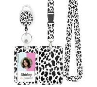 Uniclife Fashionable Sliding ID Badge Holder Snow Leopard Print Plastic Card Holder with Retractable Badge Reel Carabiner Detachable Lanyard Vertical Card Protector for Office Worker Teacher Student