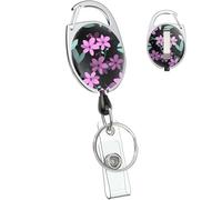 Uniclife Floral Retractable Badge Reel for Badge Holder Pink Flower Heavy Duty Retractable Keychain Strong ABS Casing with Stainless Steel Spring Coil 61 cm Nylon Rope Carabiner Clip Key Ring Black
