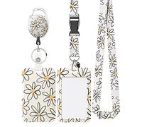 Uniclife Floral Sliding Badge Holder White Flower Plastic Case with Retractable Badge Reel Carabiner Clip and Detachable Lanyard Strap Hard Vertical Card Protector for Women Nurse Teacher Student