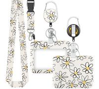 Uniclife Floral Sliding Badge Holder White Flower Plastic Case with Retractable Badge Reel Carabiner Clip & Detachable Lanyard Strap Fashionable Horizonal Card Protector for Women Teacher