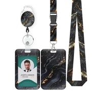 Uniclife Marbling Sliding Badge Holder Black & Gold Marble Pattern Plastic Card Holder with Retractable Badge Reel Carabiner Detachable Lanyard Vertical Card Protector for Office Worker Nurse Teacher