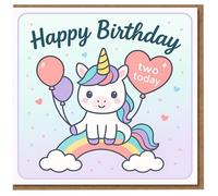 Unicorn 2nd Birthday Card - Cute Rainbow and Balloons Design with 'Happy Birthday' and 'two today' Heart