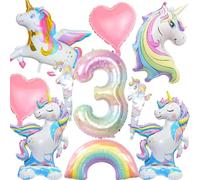Unicorn 3rd Birthday Balloons Decorations - 10pcs 3rd Girls Party Balloons Kit with Unicorn Rainbow Balloon Star Balloons, Purple Pink Happy Birthday Decoration for 3 Years Old Girl