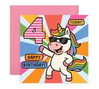 Unicorn 4th Birthday Card - Colourful & Rainbow - Gifts for Girls, Daughter, Niece, Granddaughter, Goddaughter, Kids - Age 4 - Comes with Fun Stickers