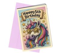 Unicorn 5th Birthday Card for Girls - Cute Children’s Greeting Card with Envelope - Rainbow Unicorn and Stars Design - Special Happy 5th Birthday Card #1940