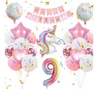 Unicorn 9th Birthday Party Decorations for Girls, 9 years old Birthday Party Balloon Set with Happy Birthday Banner, Large Rainbow Helium Balloons with Heart and Star Baby Shower Kids Party Supplies