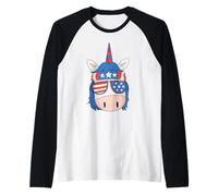 Unicorn America Independence Day 4th July USA Flag Girl Boy Raglan Baseball Tee