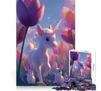 Unicorn And Bunnies in Tulip Field Jigsaw Puzzle 1000 Piece for Adults Intellectual Fun Relaxing Pastime Sharp Cut (38x52cm)