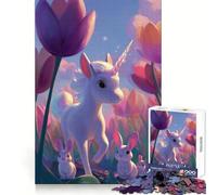 Unicorn And Bunnies in Tulip Field Puzzle for Teenagers 1000 Pieces Thinking Skill Restful Activity Neat Edges Xmas Present (50x75cm)