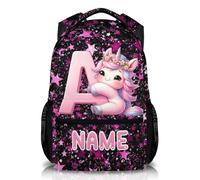 Unicorn Backpack for Girls - Personalised School Bag with Name & Initial - 17 Inch Lightweight Oxford Rucksack for Children Aged 3-10, Nursery or Travel Use
