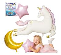 Unicorn Balloon Pack (4pcs) - 45" Giant Running Unicorn Foil Balloon, 28" Gold Moon & 2 Pink Stars - Birthday Party Supplies, Backdrop Decorations