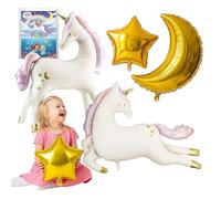 Unicorn Balloon Pack (5pcs) - 45" Running and 38" Standing Unicorn Foil Balloon, 28" Gold Moon & 2 Gold Stars - Birthday Party Supplies, Backdrop Decorations
