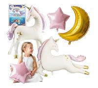 Unicorn Balloon Pack (5pcs) - 45" Running and 38" Standing Unicorn Foil Balloon, 28" Gold Moon & 2 Pink Stars - Birthday Party Supplies, Backdrop Decorations