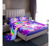 Unicorn Bed Sheets Set Princess Girls Rainbow Sheet Set Double,Cartoon Magical Horse Sheets Cute Dreamy Animal Bed Set,Kawaii Unicorn Room Decor for Girls Bedroom
