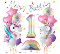 Unicorn Birthday 1st Party Decorations for Girl Purple Pink Age 1 Year Unicorn Party Theme Balloon Set, Number 1 Large Rainbow Unicorn Helium Balloons with Heart and Star Baby Shower Kids Supplies