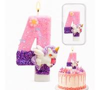 Unicorn Birthday Candles, Pink Purple Glitter Number 4 Candles for Cake, Floral 3D 4th Cake Topper, Sparkly Sequins Happy Birthday Candle for Girls, Unicorn Themed Bakery Decorations Party Supplies