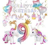 Unicorn Birthday Decorations Kit with 3D Self Standing Unicorn, Star Heart Balloons, Hanging Swirls for Princess Theme Girls Party Supplies