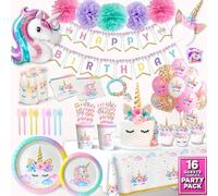 Unicorn Birthday Decorations Set for Girls - Complete Unicorn Party Decorations Supplies Kit with Plates, Cups, Napkins, Balloons, Banner, Headband, Tablecloth - Magical Rainbow Party for Kids