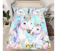 Unicorn Blue Bedding Set Double Size,Dreamy Horse Princess Style Animal Floral Fitted Sheet,Watercolor Garden Daisy Flowers Butterfly Sheet Set for Kids Teens Bedroom(No Flat Sheet)