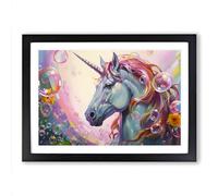 Unicorn Bubbles Framed Print | A2 Black Framed Wall Art | Ready to Hang | Modern Animal Picture | Living Room Bedroom Lounge Office