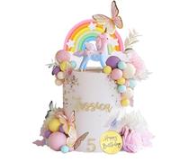 Unicorn Cake Topper, Unicorn Rainbow Cake Decorations, Pink Arch Birthday Cakes Decorations with Butterflies Artificial Dried Flower, Colorful Ball Cakes Topper for Boys Girls Birthday Party Supplies